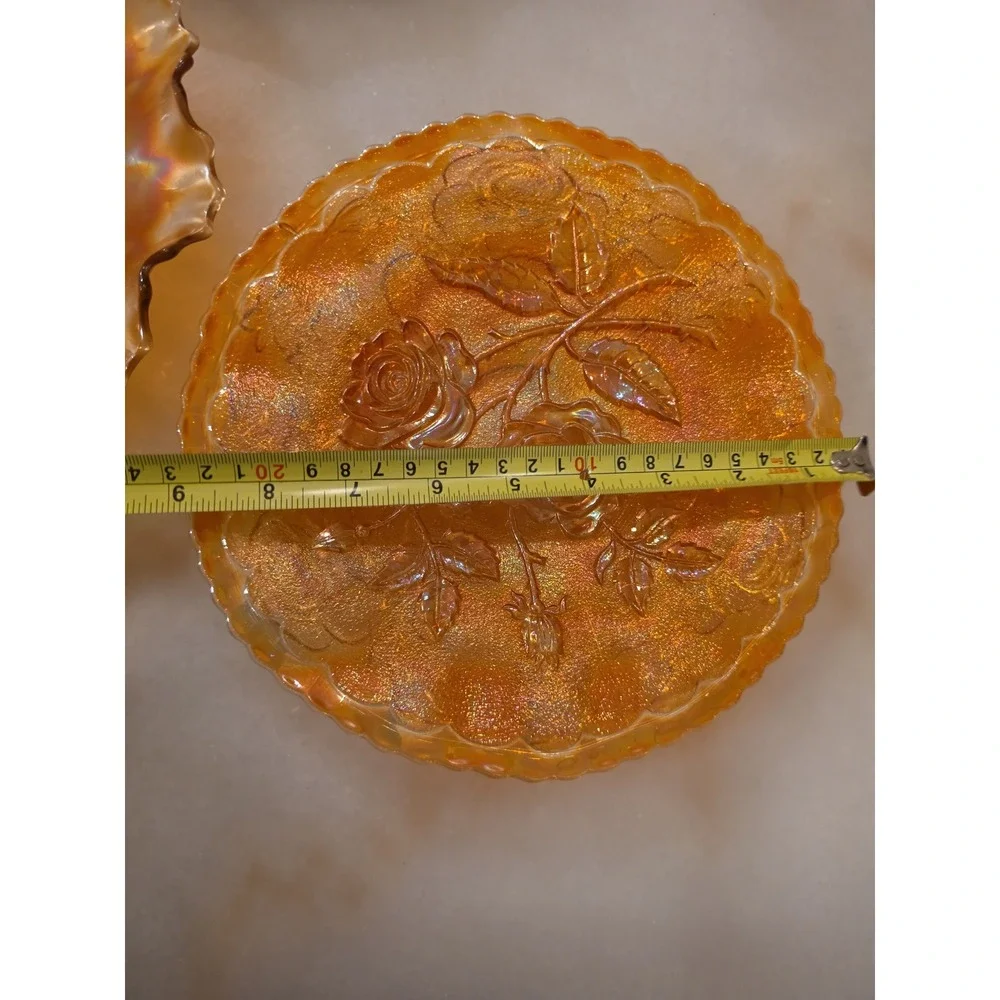 Vintage Carnival Glass Marigold Orange Iridescent Rose Plate and Ruffled Bowl